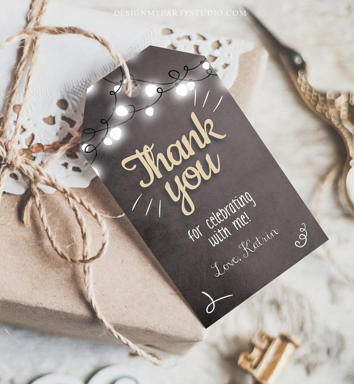 Editable ThanK You tags Rustic Favor Tags Gift Tag Adult Birthday Wedding Shower Bridal String Lights Corjl Template Printable 0230