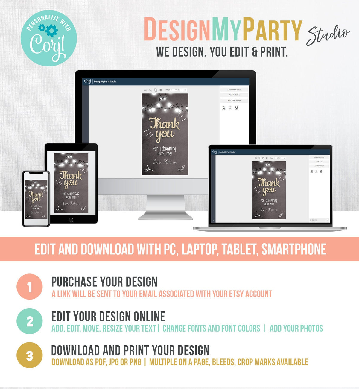 Editable ThanK You tags Rustic Favor Tags Gift Tag Adult Birthday Wedding Shower Bridal String Lights Corjl Template Printable 0230