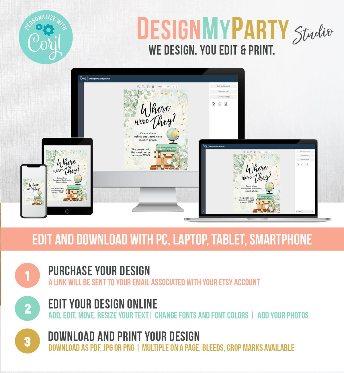 Editable Where were They? Bridal Shower Game Wedding Shower Activity Eucalyptus Travel Adventure Bride Groom Template PRINTABLE Corjl 0030