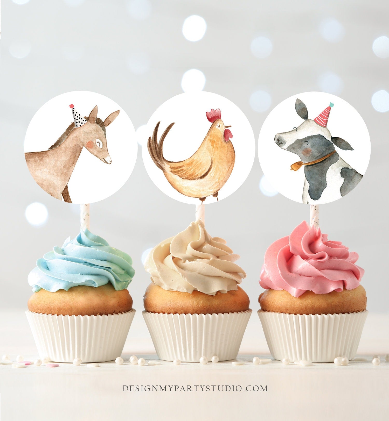 Barnyard Birthday Cupcake Toppers Favor Tags Farm Animals Birthday Party Decor Cow Rooster Party Animals Stickers Digital Printable 0155