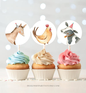Barnyard Birthday Cupcake Toppers Favor Tags Farm Birthday Party Decor Cow Rooster Farm Animals Stickers Download Digital PRINTABLE 0155