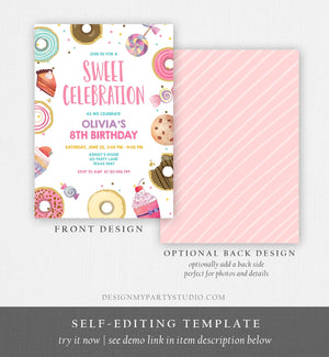 Editable Sweet Celebration Invitation Candy Birthday Invite Sweet Shoppe Donuts Girl Pink Sweets Candy Instant Download Digital Corjl 0339