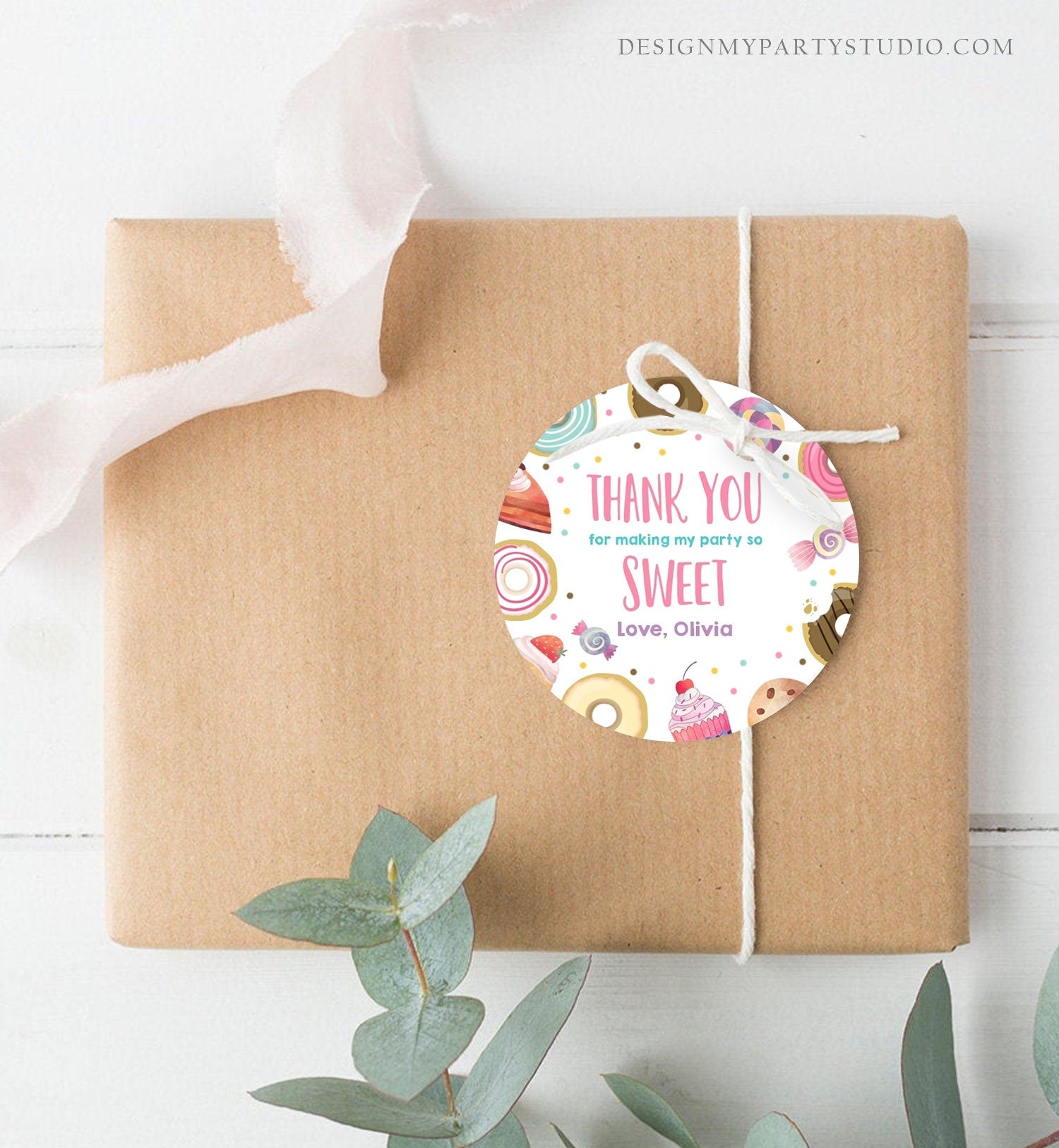 Editable Sweet Celebration Thank You Tags Sweet Shoppe Candy Sweets Gift Favor Girl Pink Donuts Round Square Sticker Corjl Template 0339