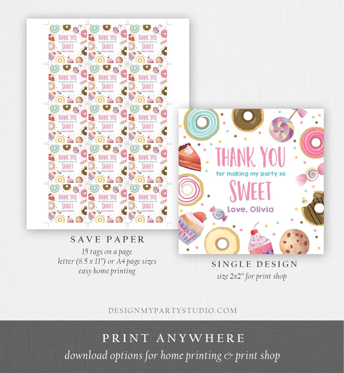 Editable Sweet Celebration Thank You Tags Sweet Shoppe Candy Sweets Gift Favor Girl Pink Donuts Round Square Sticker Corjl Template 0339