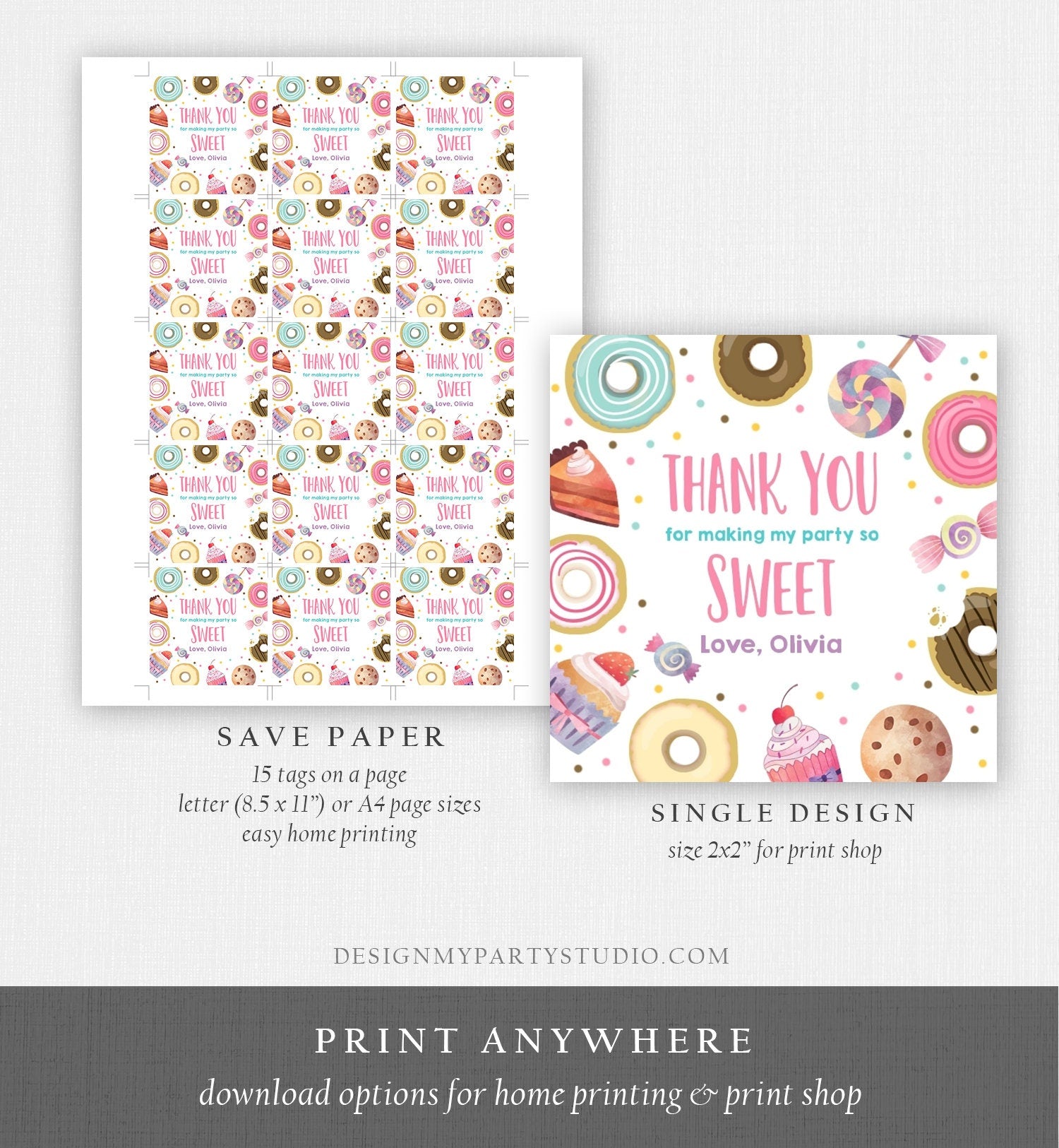 Editable Sweet Celebration Thank You Tags Sweet Shoppe Candy Sweets Gift Favor Girl Pink Donuts Round Square Sticker Corjl Template 0339