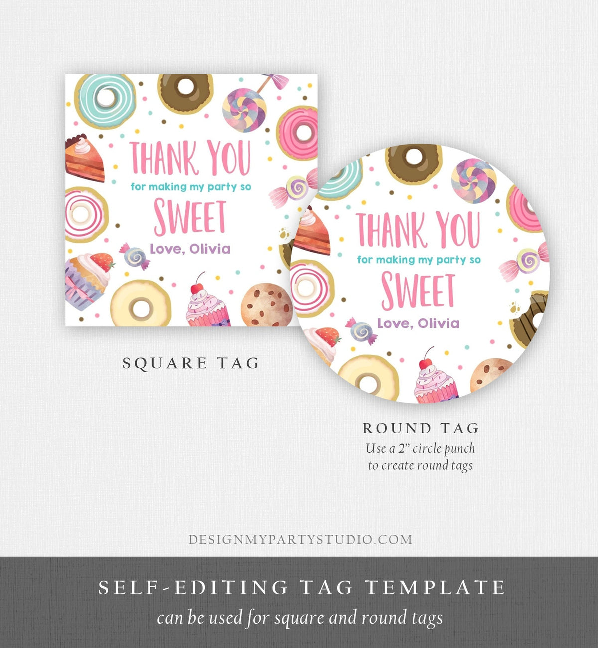 Editable Sweet Celebration Thank You Tags Sweet Shoppe Candy Sweets Gift Favor Girl Pink Donuts Round Square Sticker Corjl Template 0339