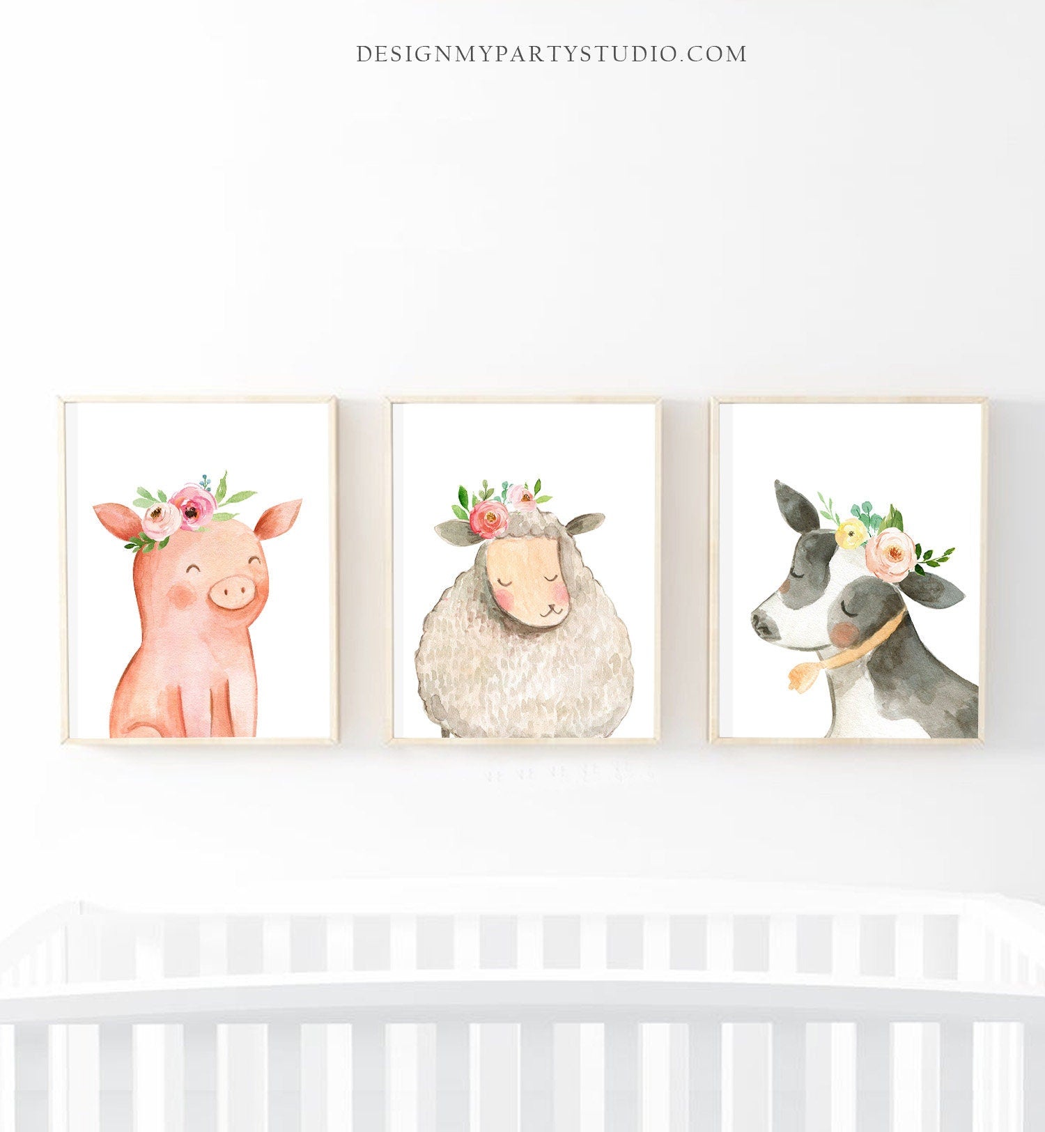 Farm Animals Prints Nursery Art Cow Pig Sheep Floral Farm Animals Watercolor Girls Wall Art Baby Shower Gift Farm Decor PRINTABLE 0155
