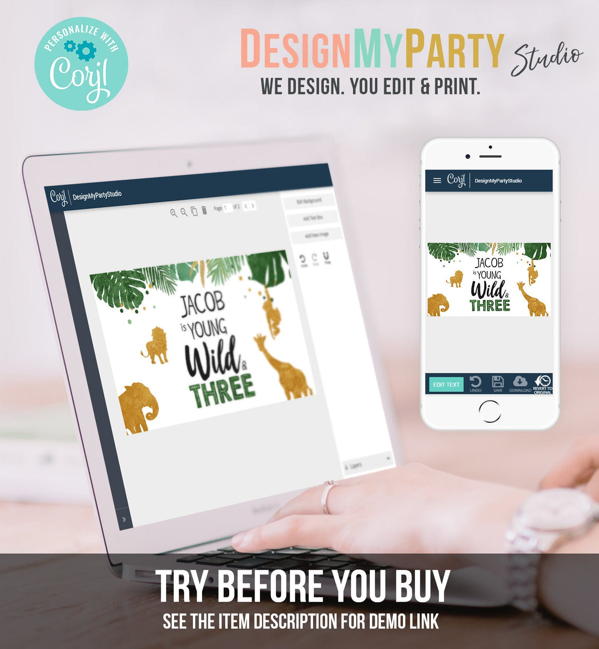 Editable Safari Animals Birthday Backdrop Banner Boy Gold Wild and Three 3rd Birthday Welcome Sign Download Corjl Template Printable 0016