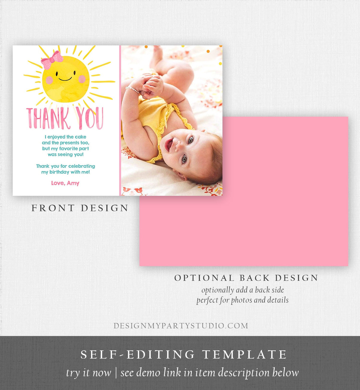 Editable Little Sunshine Thank You Card Birthday Party Pink Girl Bow Baby Shower First Birthday Digital Download Template Printable 0141