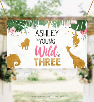 Editable Safari Animals Birthday Backdrop Banner Girl Pink Wild and Three 3rd Birthday Welcome Sign Download Corjl Template Printable 0016