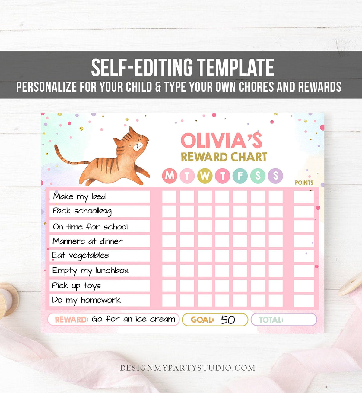 Editable Cat Reward Chart for Girls Kitty Chore Chart for Kids Routine Chart Pink Purple Cute Cat Animal Girl Printable Corjl Template