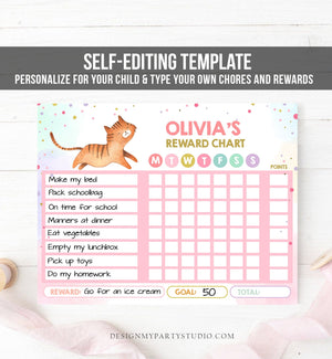 Editable Cat Reward Chart for Girls Kitty Chore Chart for Kids Routine Chart Pink Purple Cute Cat Animal Girl Printable Corjl Template