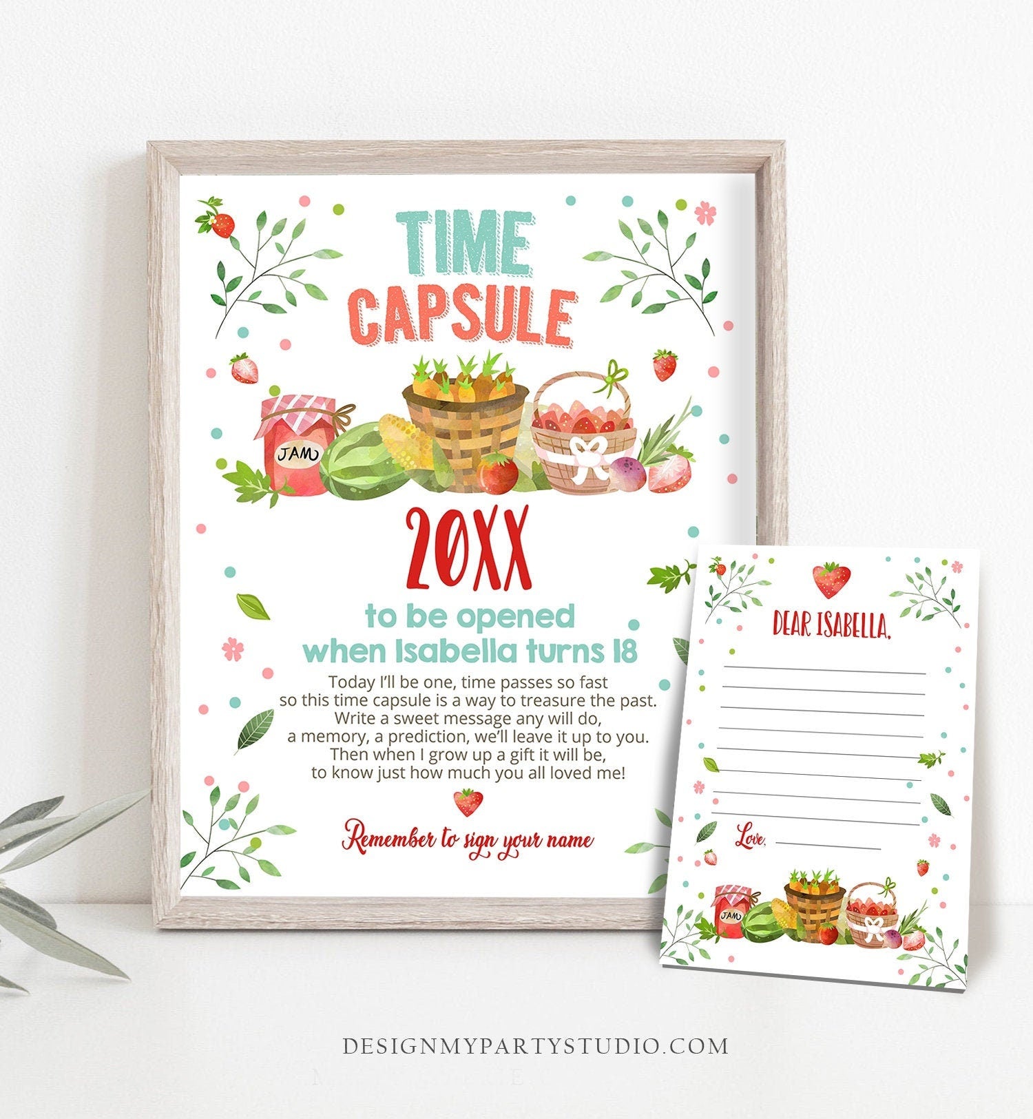 Editable Farmers Market Birthday Time Capsule First Birthday Party Strawberry Home Grown Fruits Veggies Farm Template Printable Corjl 0144