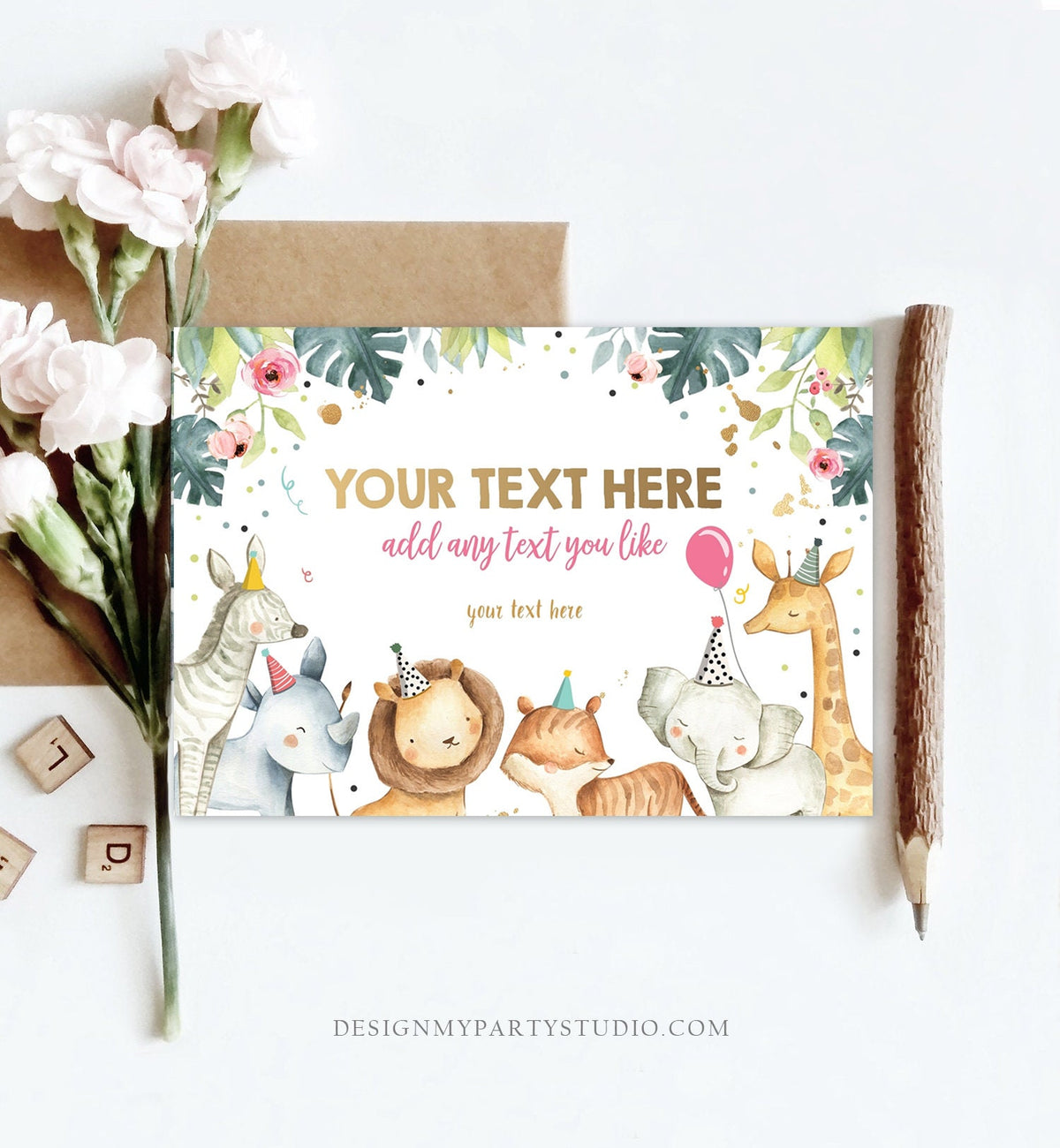 Editable Insert Card Safari Animals Girl Pink and Gold Safari Zoo Birthday Information Card Download Printable Template Digital Corjl 0163