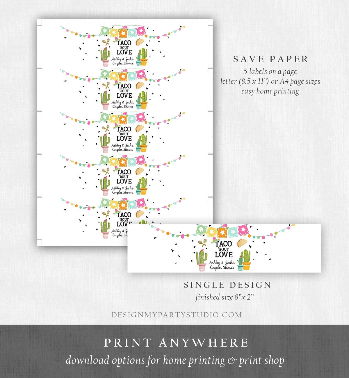 Editable Water Bottle Labels Fiesta Couples Shower Taco Bout Love Cactus Mexican Printable Bottle Labels Succulent Template Corjl 0161