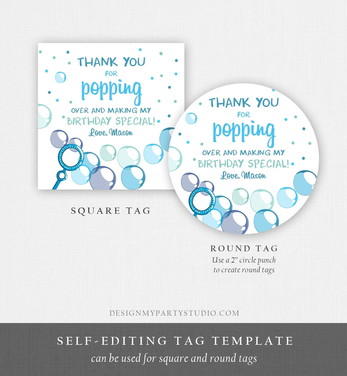 Editable Bubble Favor Tags Boy Bubble Birthday Thank you tags Popping over Stickers Bubbles Gift tags Blue Template PRINTABLE Corjl 0035