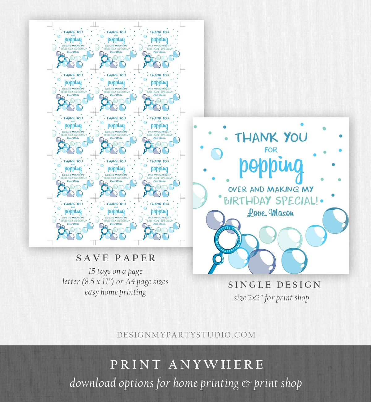 Editable Bubble Favor Tags Boy Bubble Birthday Thank you tags Popping over Stickers Bubbles Gift tags Blue Template PRINTABLE Corjl 0035