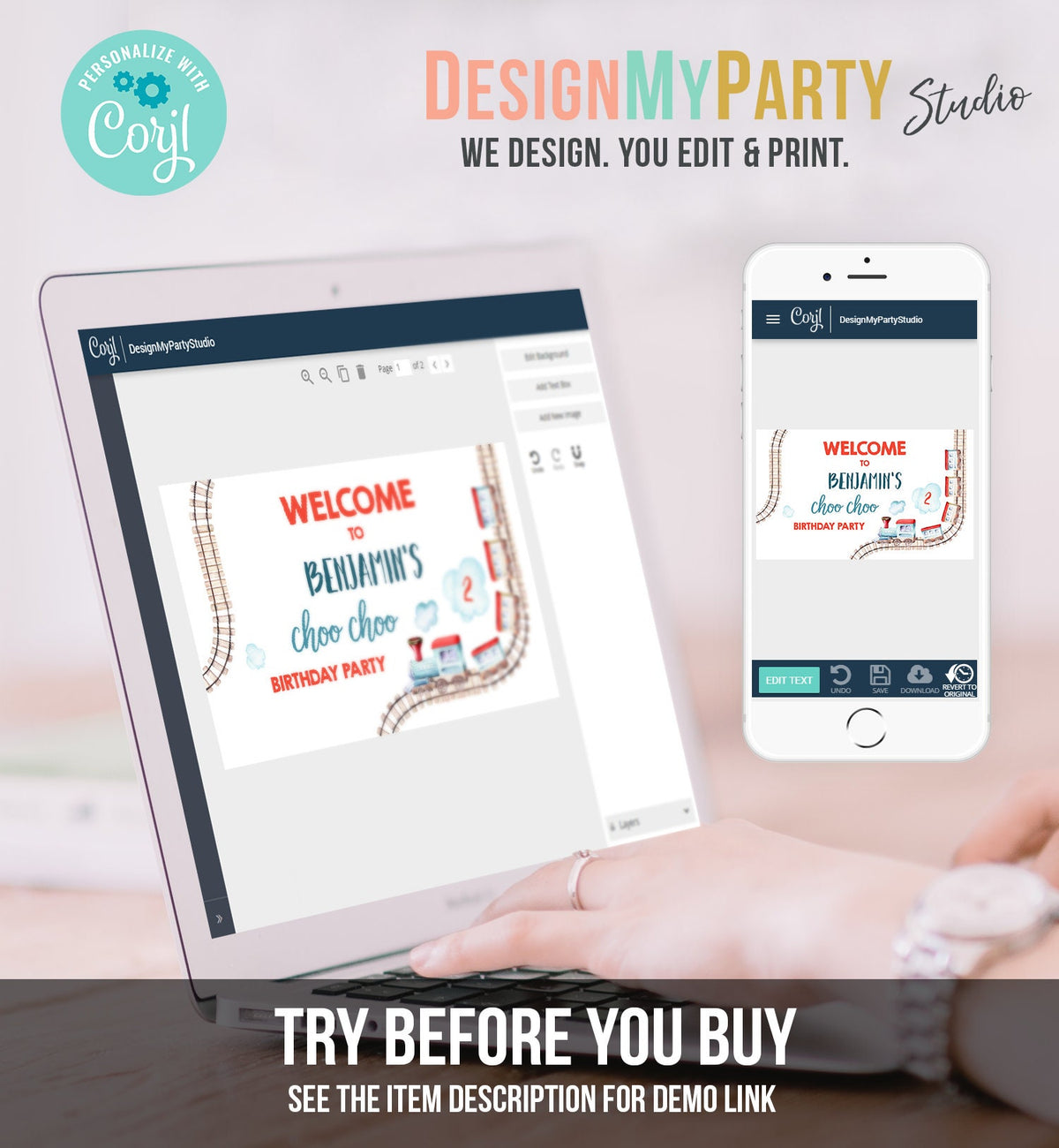 Editable Train Birthday Backdrop Banner Train Party Railroad Vintage Train Welcome Sign Red Blue Boy Download Corjl Template Printable 0149