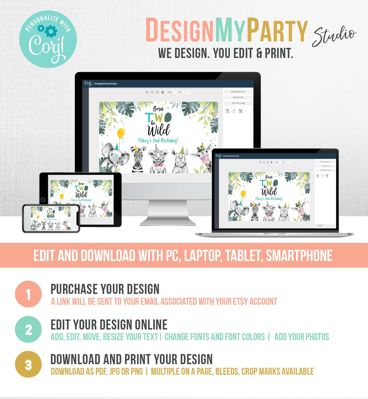 Editable Party Animals Birthday Backdrop Banner Safari Animals Boy Born Two Be Wild Welcome Sign Download Corjl Template Printable 0322