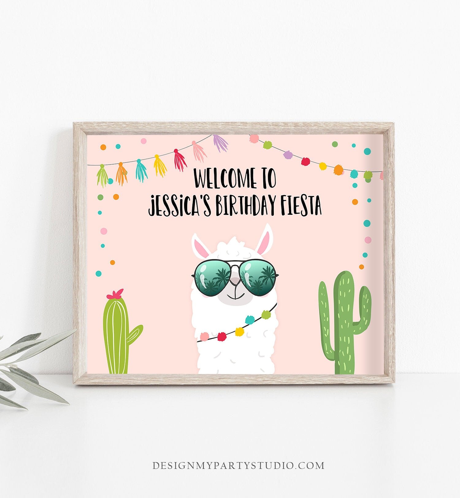 Editable Llama Welcome Sign Sunglasses Birthday Party Whole Llama Alpaca Poster Girl Pink Mexican Fiesta Baby Shower Corjl Template 0079