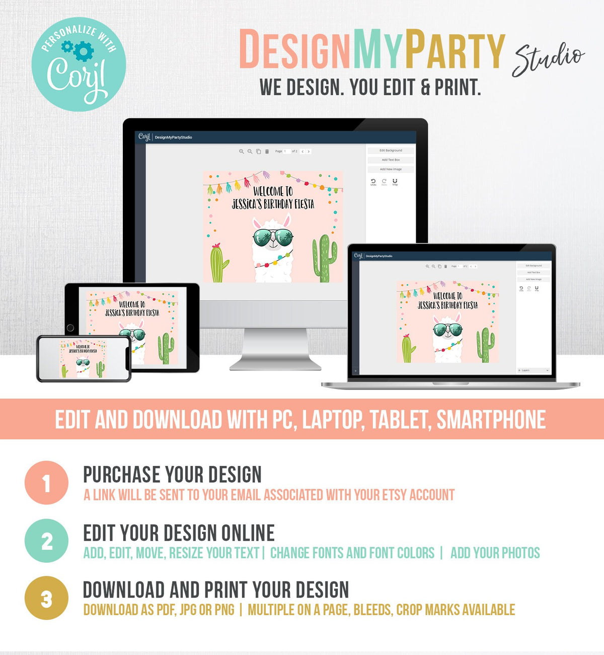 Editable Llama Welcome Sign Sunglasses Birthday Party Whole Llama Alpaca Poster Girl Pink Mexican Fiesta Baby Shower Corjl Template 0079