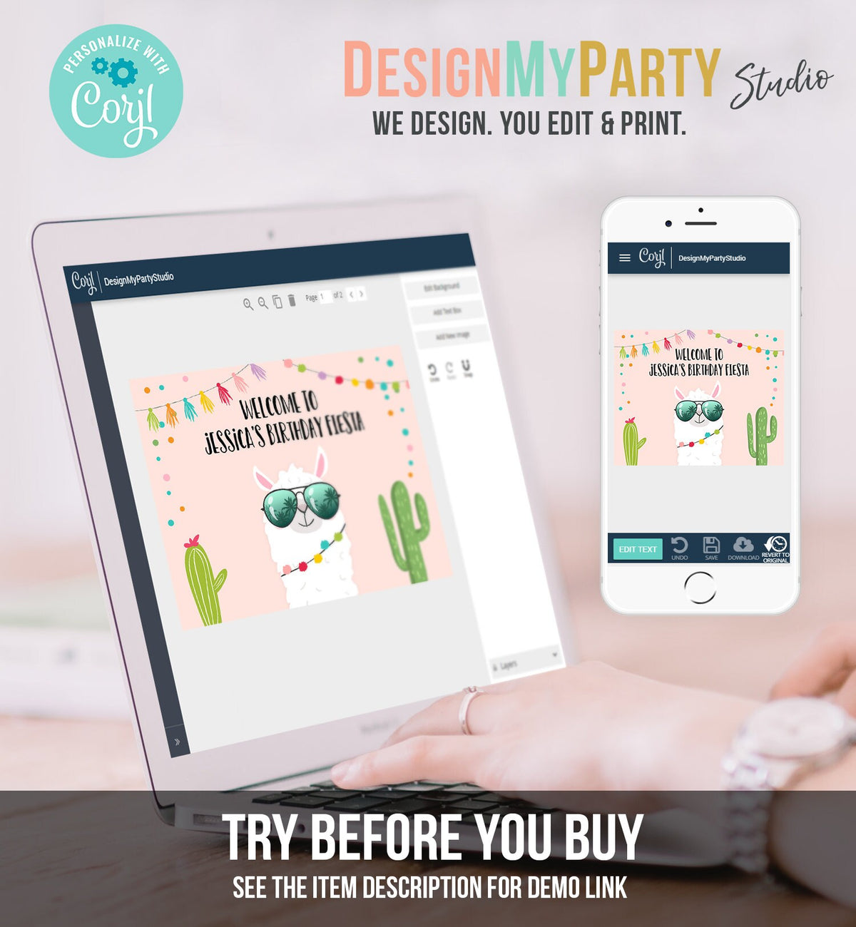 Editable Llama Welcome Sign Sunglasses Birthday Party Whole Llama Alpaca Poster Girl Pink Mexican Fiesta Baby Shower Corjl Template 0079