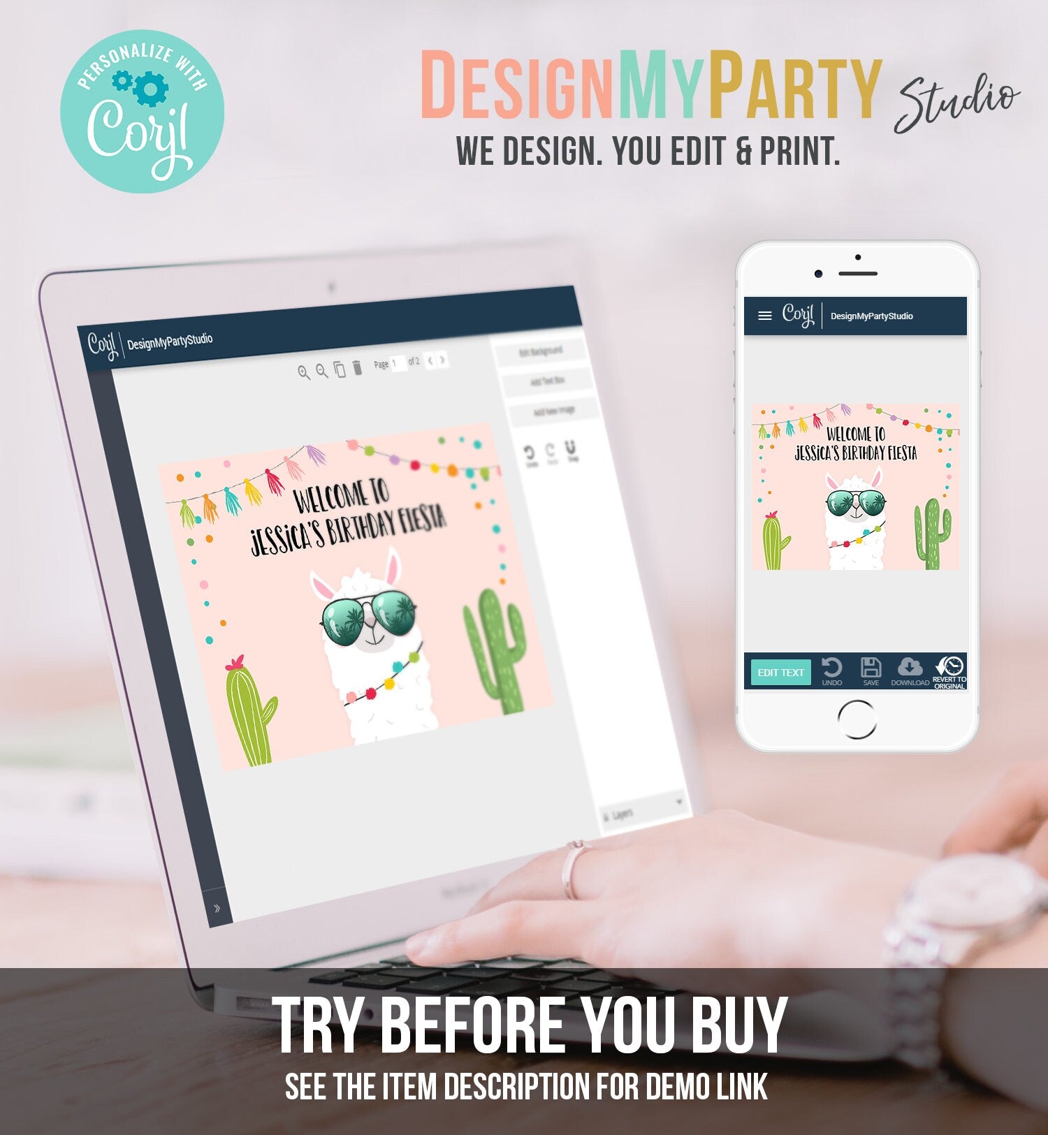 Editable Llama Welcome Sign Sunglasses Birthday Party Whole Llama Alpaca Poster Girl Pink Mexican Fiesta Baby Shower Corjl Template 0079