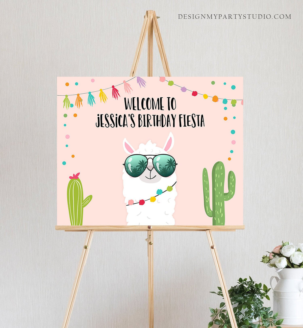 Editable Llama Welcome Sign Sunglasses Birthday Party Whole Llama Alpaca Poster Girl Pink Mexican Fiesta Baby Shower Corjl Template 0079