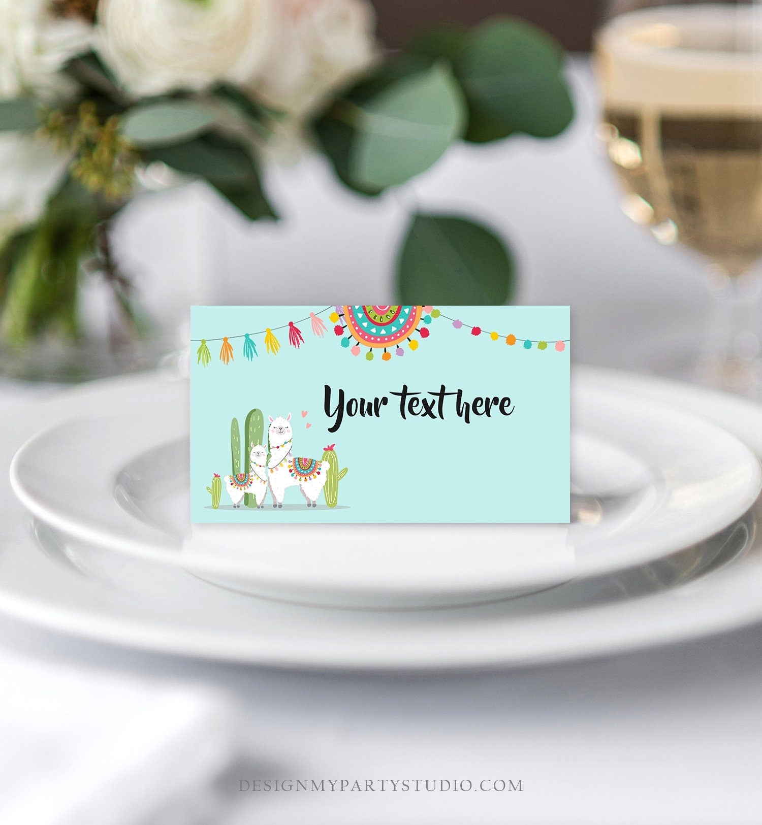 Editable Llama Food Labels Llama Fiesta Mexican Place Card Birthday Party Baby Shower Tent Card Escort Card Blue Template Printable 0079