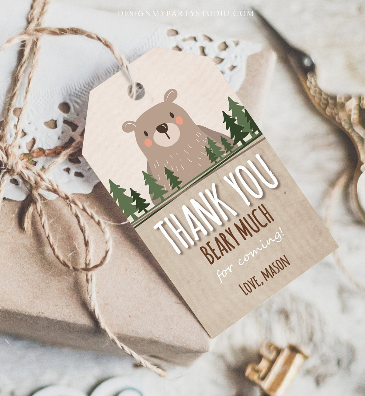 Editable Bear Favor Tags Thank you Beary much Little Cub Birthday Tag Label Baby shower Woodland Bear Woods Template PRINTABLE Corjl 0303