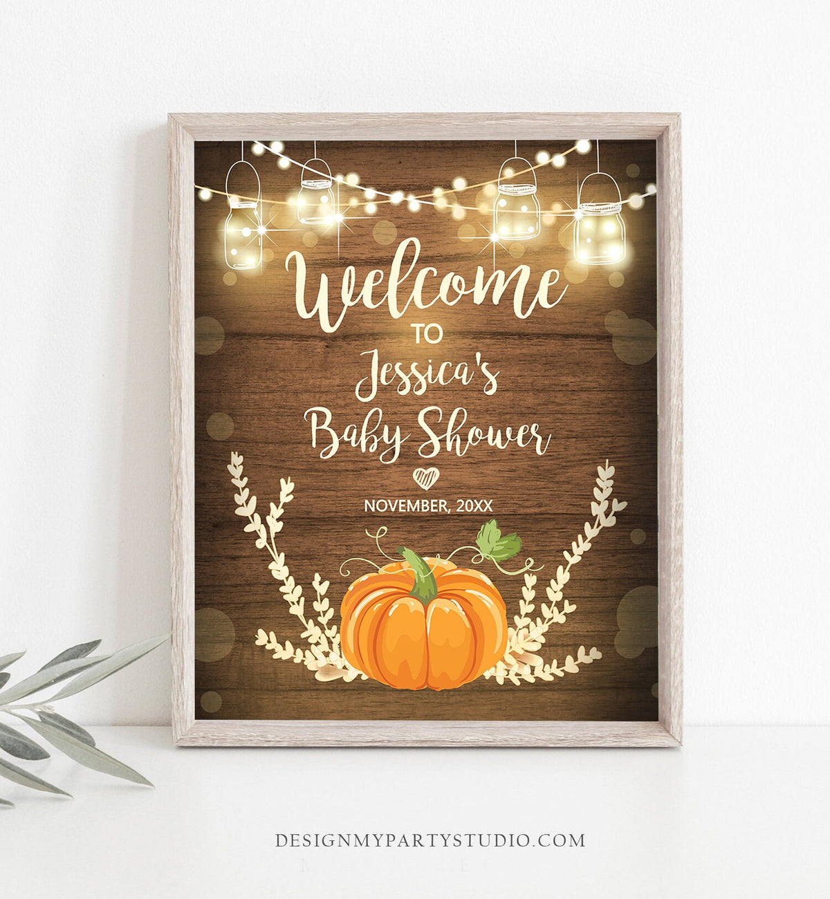 Editable Pumpkin Baby Shower Welcome Sign Rustic Wood Baby Shower Couples Shower Fall Autumn Pumpkin Party Halloween Corjl Template 0015