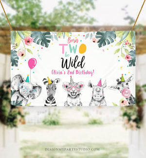 Editable Party Animals Birthday Backdrop Banner Safari Animals Girl Born Two Be Wild Welcome Sign Download Corjl Template Printable 0322