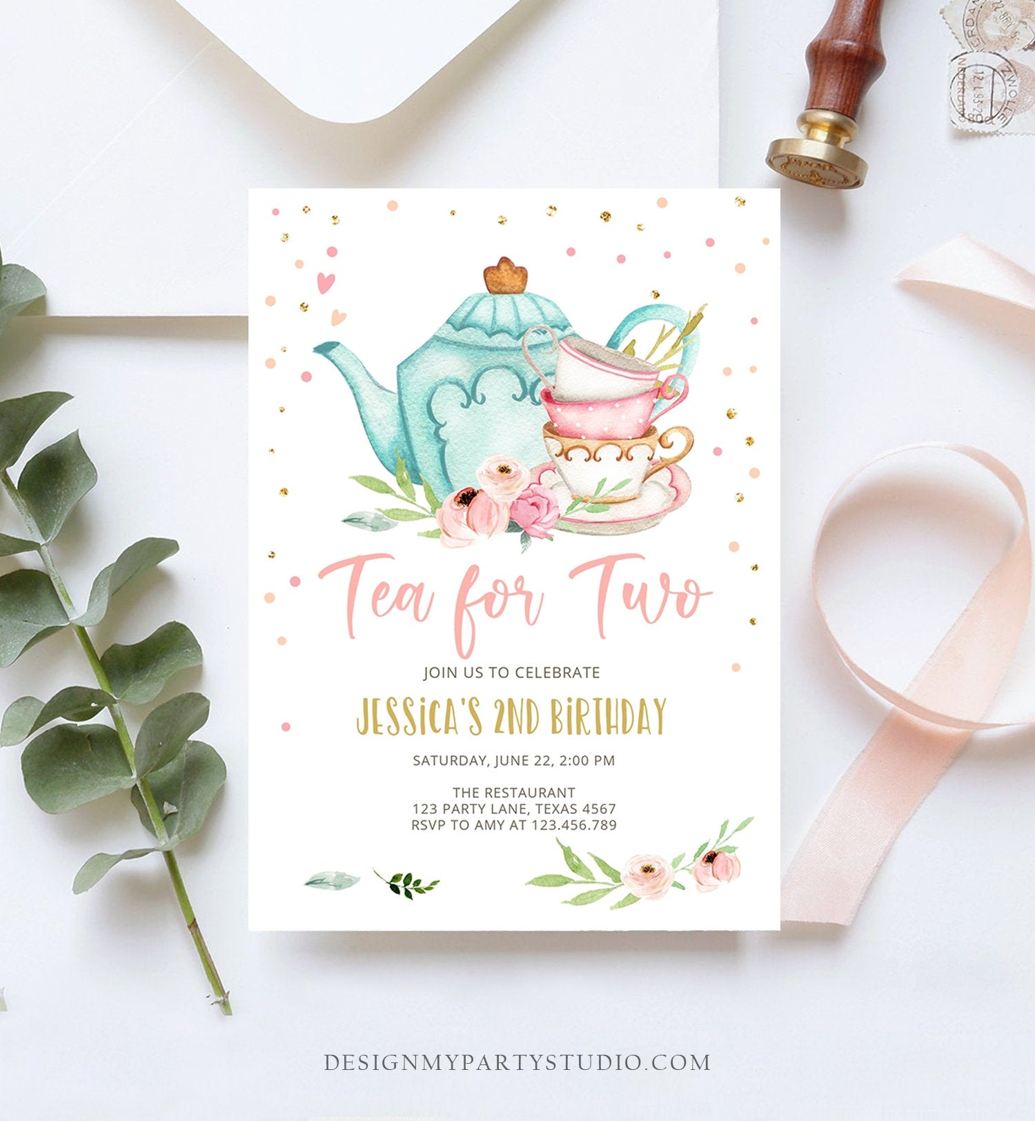Editable Tea for Two Birthday Invitation Girl Tea Party Invite Pink Gold Floral Peach Pink Digital Download Evite Template Printable 0349
