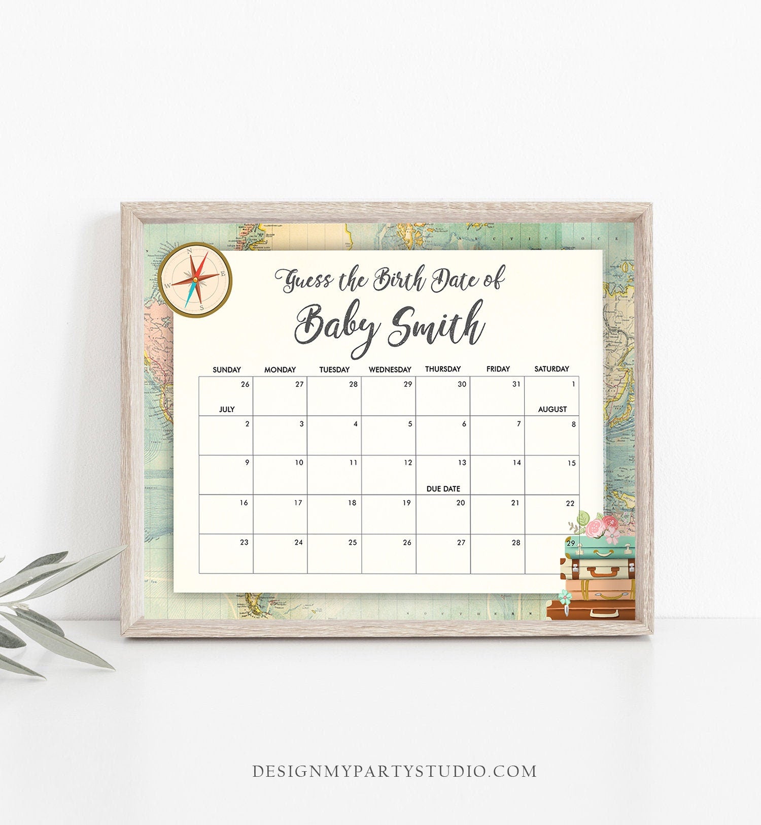 Editable Guess the Birth Date Baby Shower Game Guess Birthday Vintage Travel Adventure Suitcases World Digital Template Printable 0044