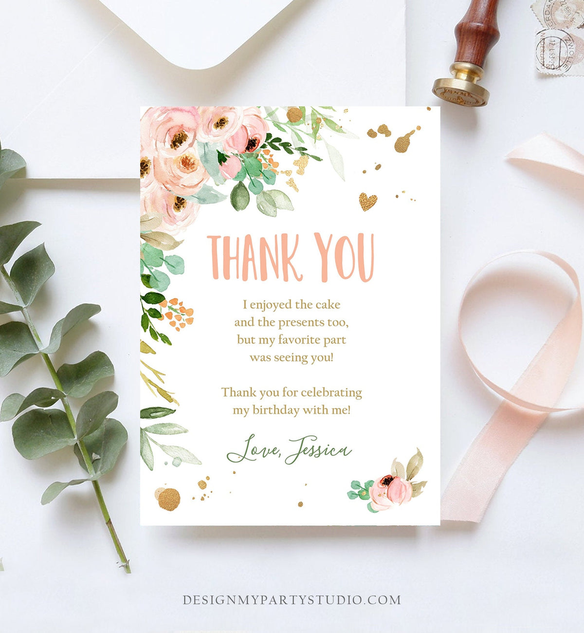 Editable Thank You Card Birthday Thank You Note Miss Onederful Pink Mint Gold Floral Boho Flowers Digital Download Template Printable 0147