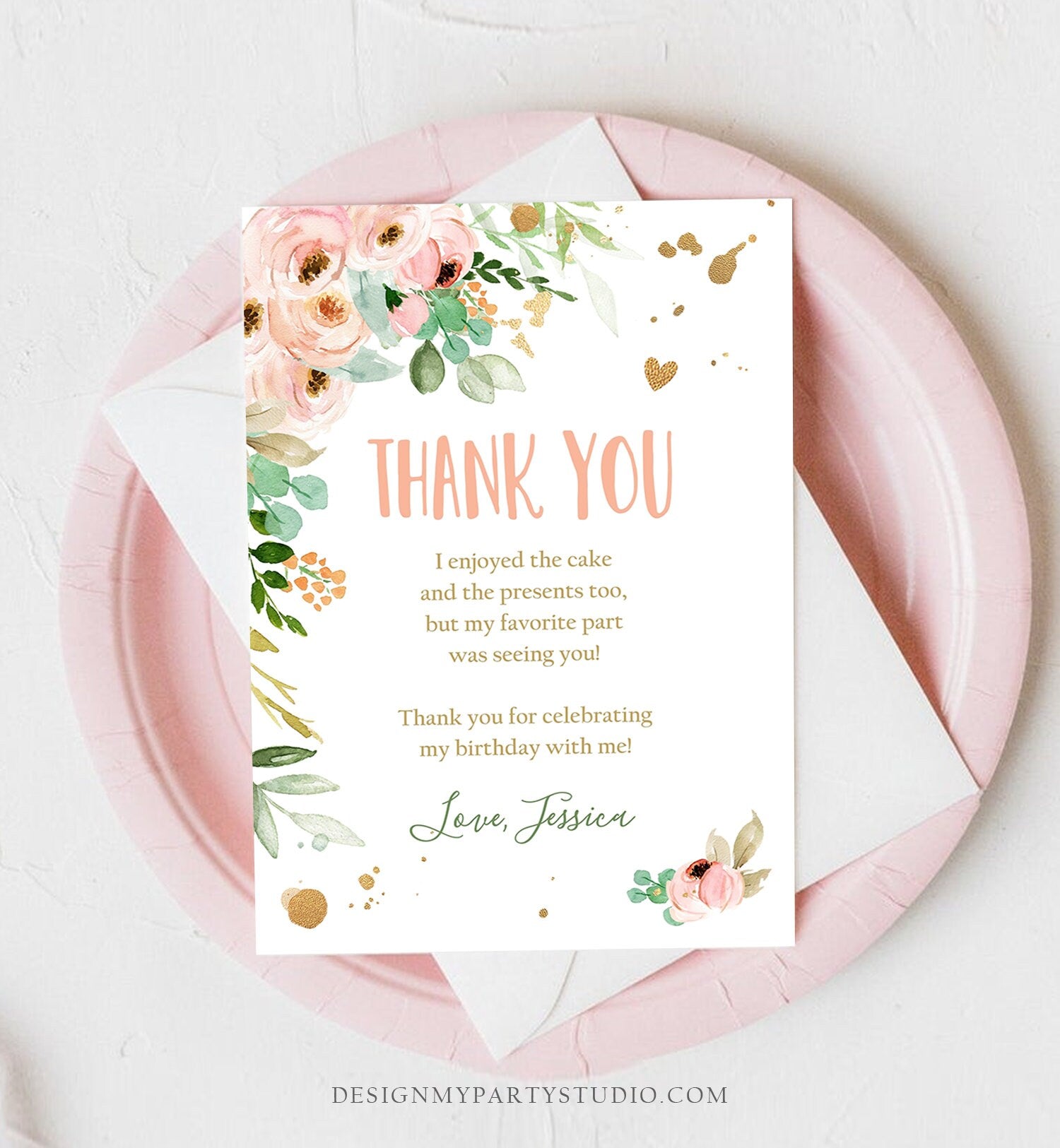 Editable Thank You Card Birthday Thank you Note Miss Onederful Pink Mint Gold Floral Flowers Download Printable Template Digital Corjl 0147