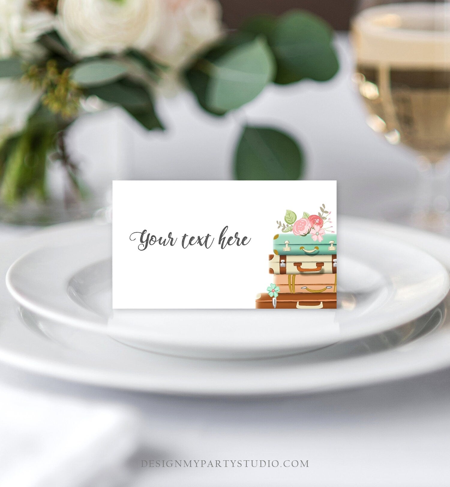 Editable Travel Adventure Food Labels Place Card Traveling to Mrs Tent Card Adventure Bridal Shower Suitcases Corjl Template Printable 0044
