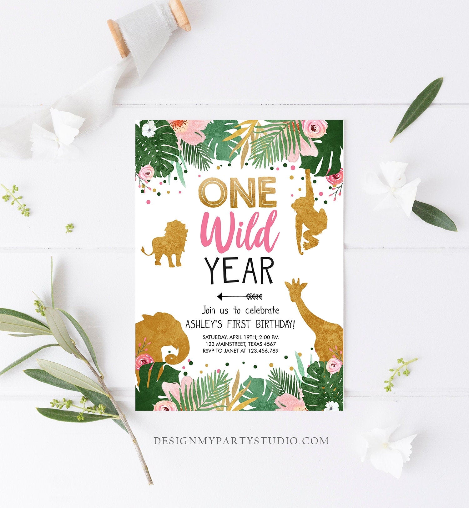 Editable One Wild Year Birthday Invitation Safari Animals Wild One Pink First Birthday Party Animals Digital Template Printable 0016