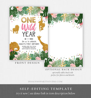 Editable Wild One Birthday Invite Safari Animals Jungle One Wild Year Pink Gold First Birthday 1st Download Printable Corjl Template 0016