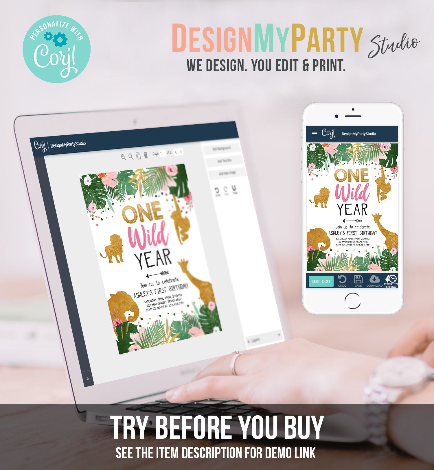 Editable One Wild Year Birthday Invitation Safari Animals Wild One Pink First Birthday Party Animals Digital Template Printable 0016