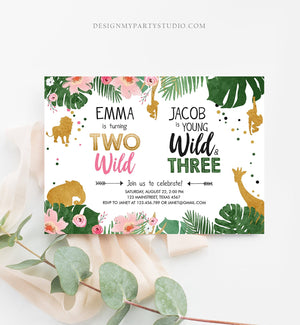 Editable Two Wild Birthday Invitation Wild and Three Boy Girl Safari Animals Jungle Gold Joint Dual Download Printable Corjl Template 0016