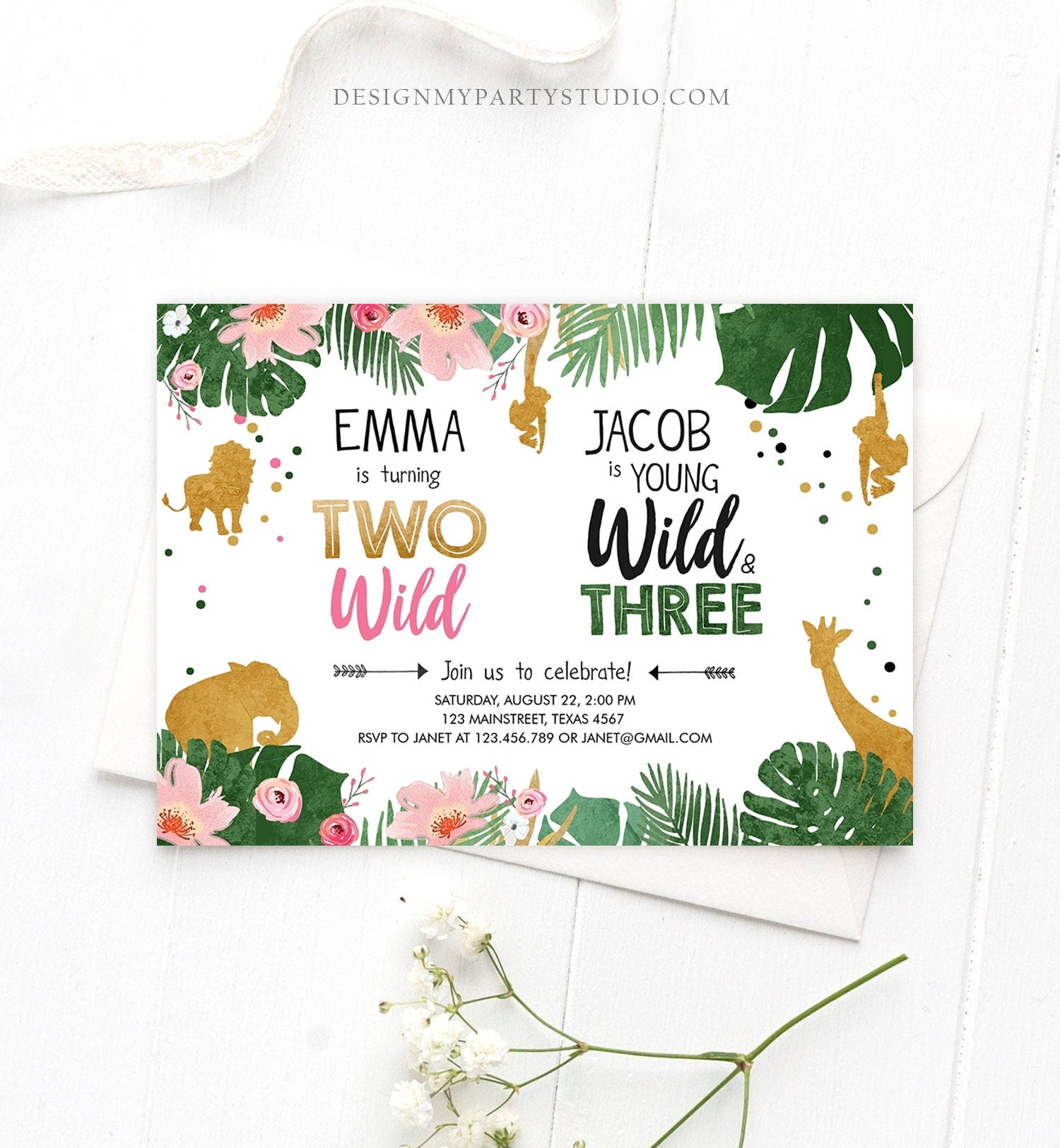 Editable Two Wild Birthday Invitation Wild and Three Boy Girl Safari Animals Jungle Gold Joint Dual Download Printable Corjl Template 0016