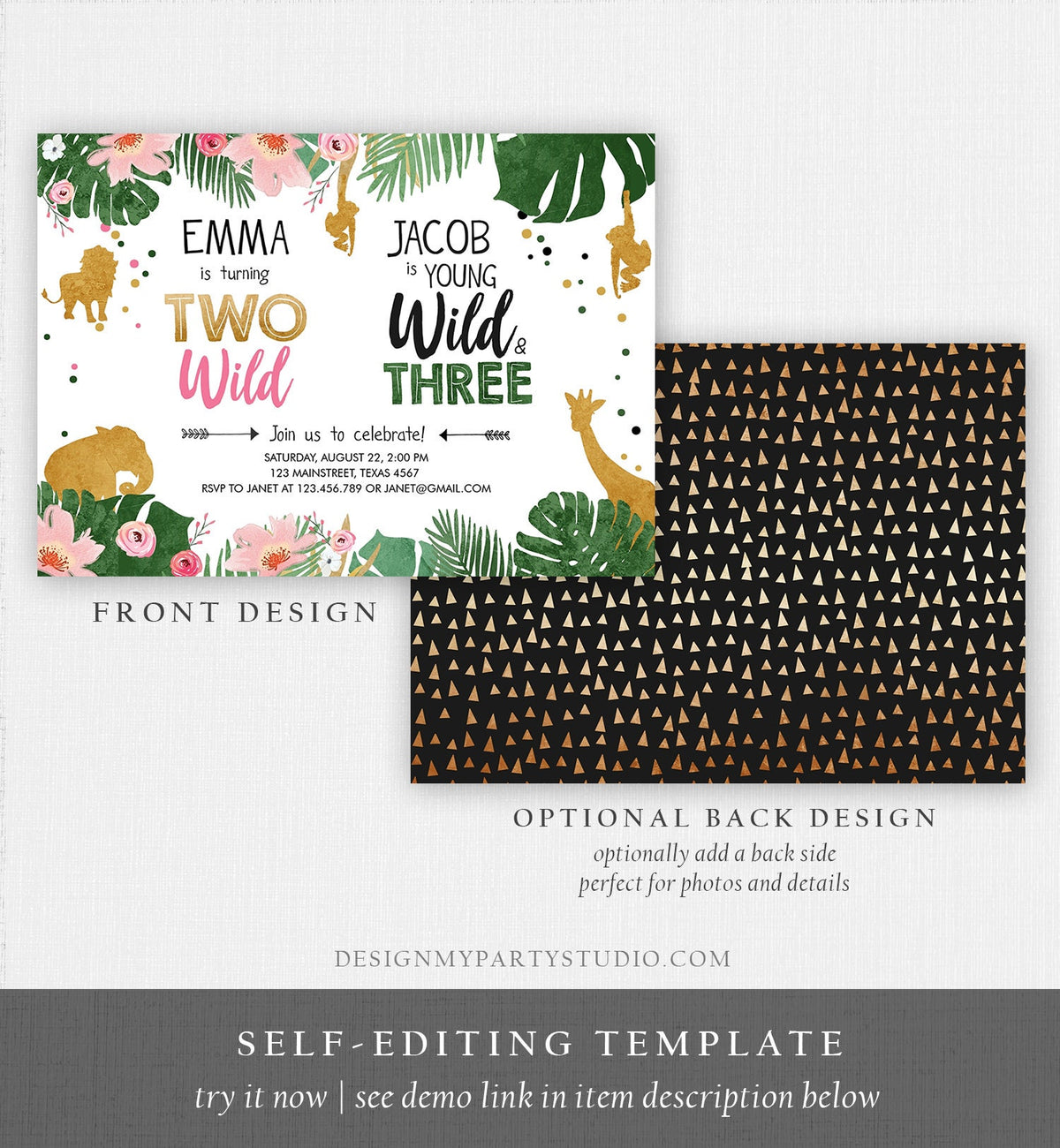 Editable Two Wild Birthday Invitation Wild and Three Boy Girl Safari Animals Jungle Gold Joint Dual Download Printable Corjl Template 0016