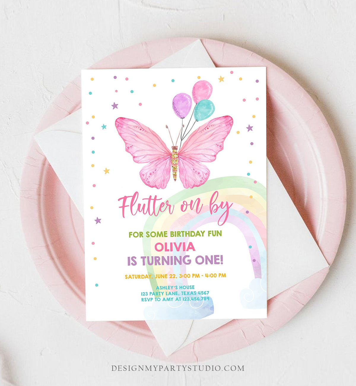 Editable Butterfly Birthday Invitation Butterfly Invitation Garden Floral Flowers Pink Gold Girl Download Printable Template Corjl 0162
