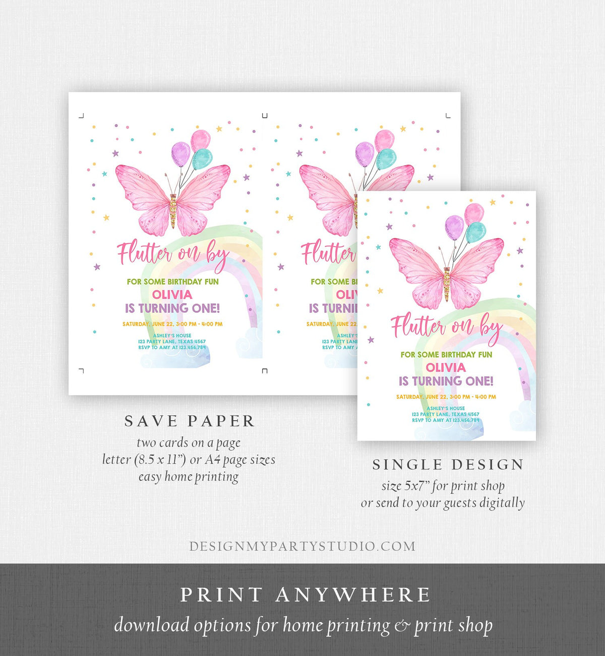 Editable Butterfly Birthday Invitation Butterfly Invitation Garden Floral Flowers Pink Gold Girl Download Printable Template Corjl 0162
