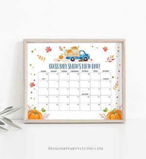 Editable Guess the Birth Date Baby Shower Game Guess Birthday Pumpkin Truck Blue Boy Fall On the Way Autumn Corjl Template Printable 0153