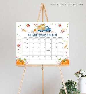 Editable Guess the Birth Date Baby Shower Game Guess Birthday Pumpkin Truck Blue Boy Fall On the Way Autumn Corjl Template Printable 0153