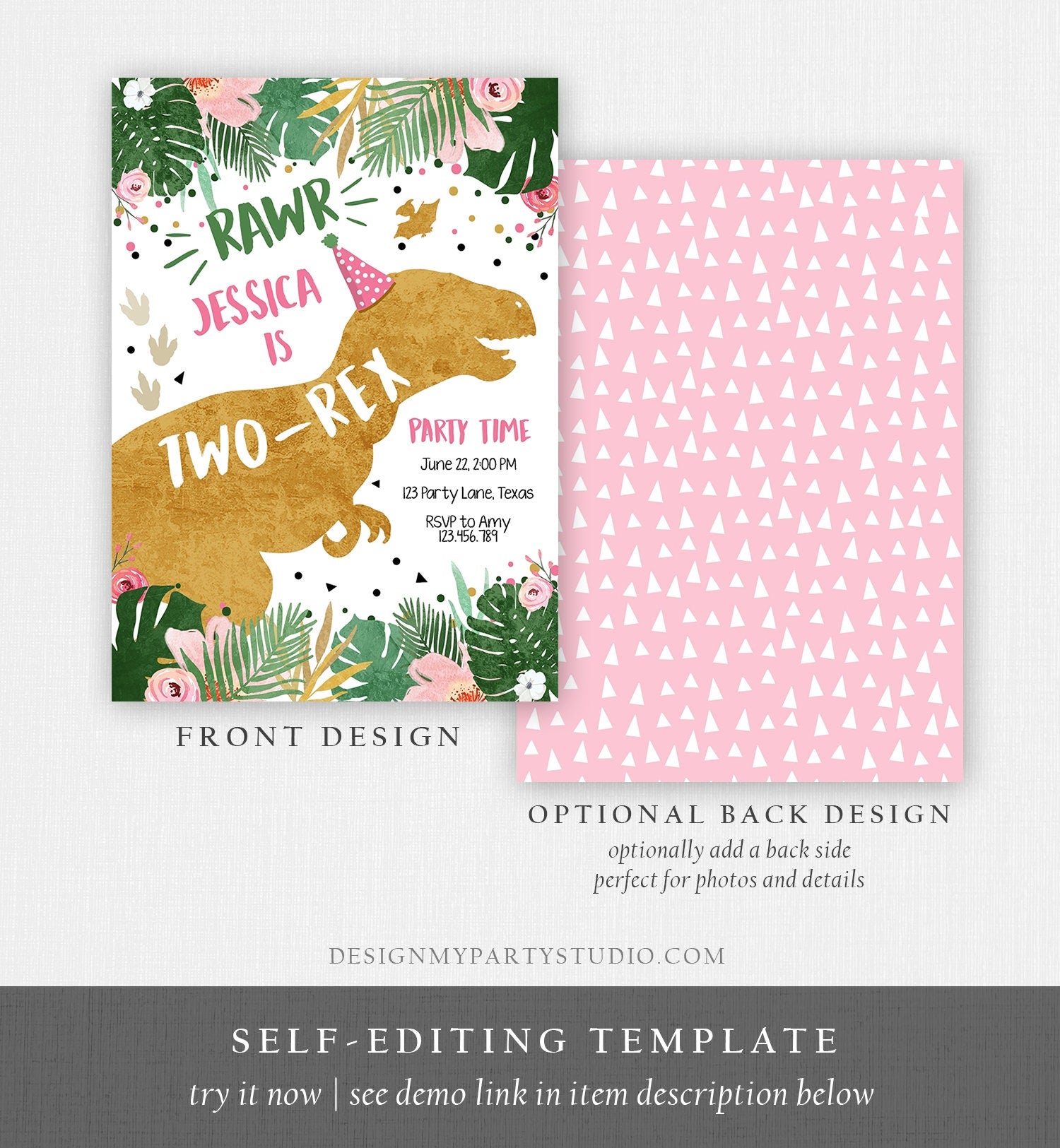 Editable Two-Rex Dinosaur Birthday Invitation Dino TRex Girl Second Birthday 2nd Two Pink Gold Prehistoric Evite Template Printable 0146