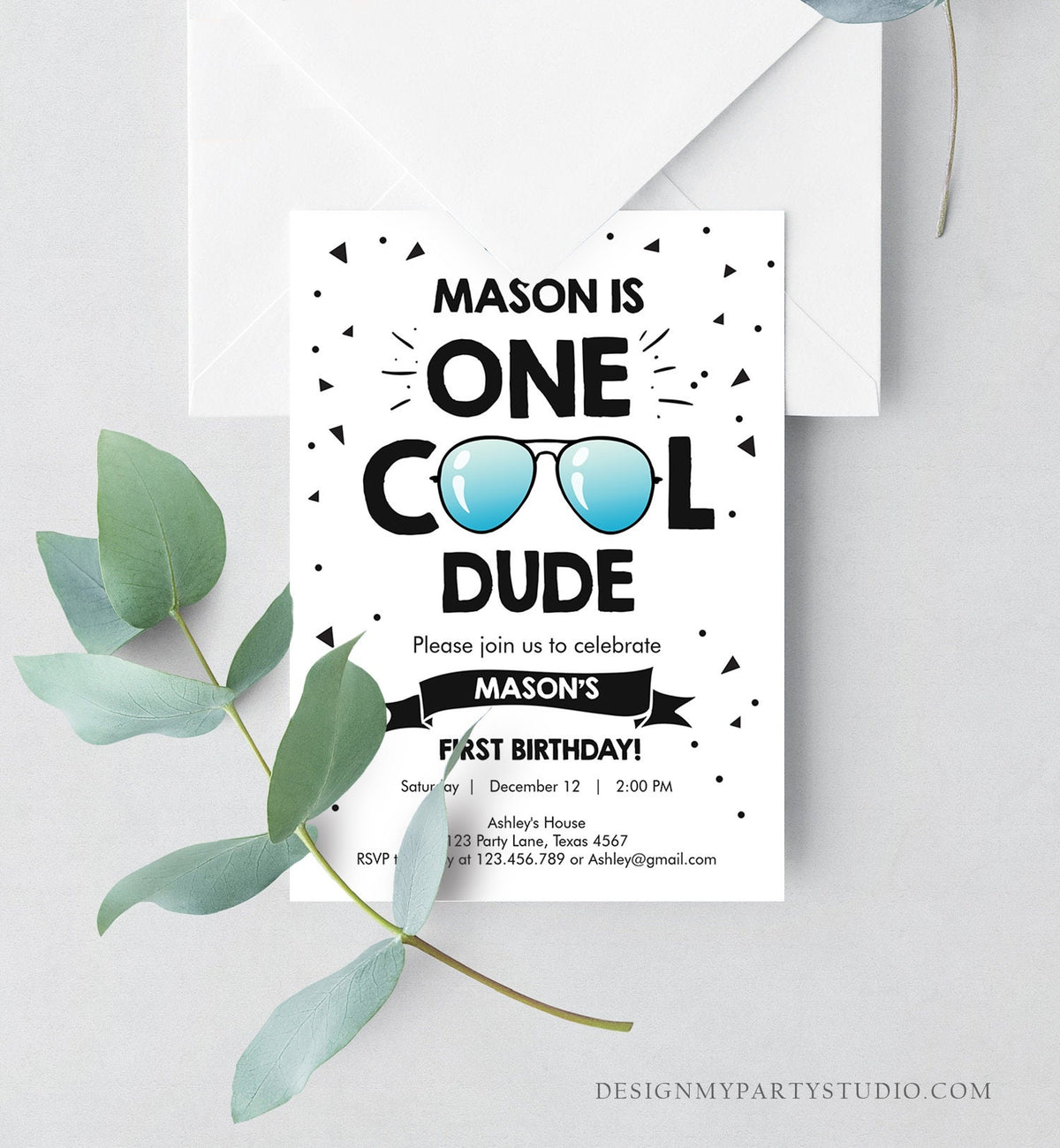 Editable One Cool Dude 1st Birthday Invitation Boy First Birthday Party Sunglasses Pilot Pool Cool One Printable Corjl Template 0136