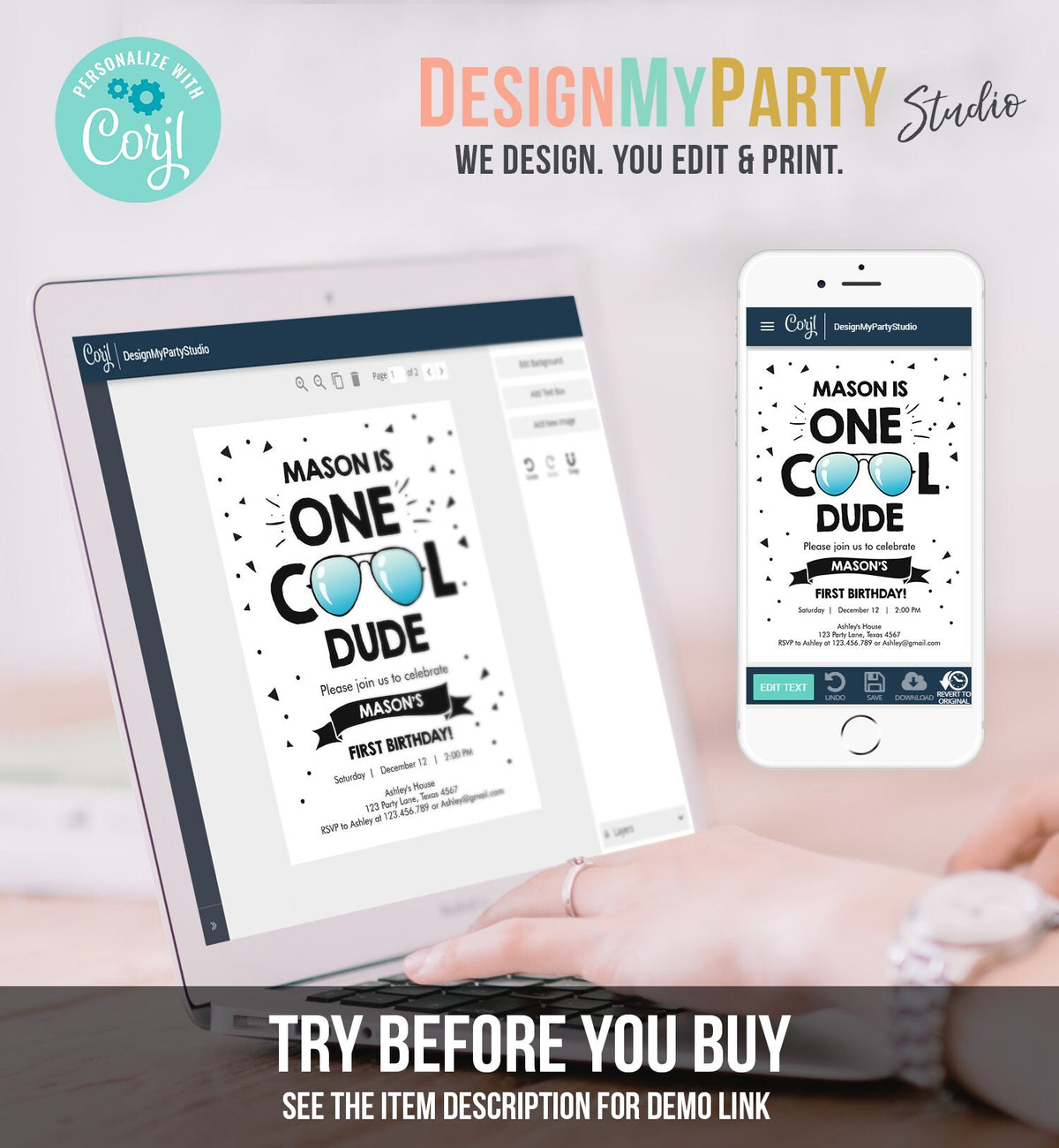 Editable One Cool Dude 1st Birthday Invitation Boy First Birthday Party Sunglasses Pilot Pool Cool One Printable Corjl Template 0136